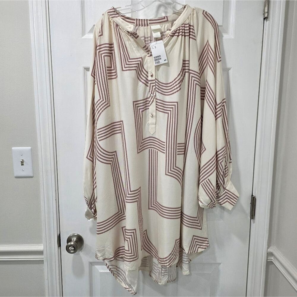NWT H&M Plus Size 18 Geometric Print Tunic Dress Cream Maroon Oversized Boho - Picture 3 of 9
